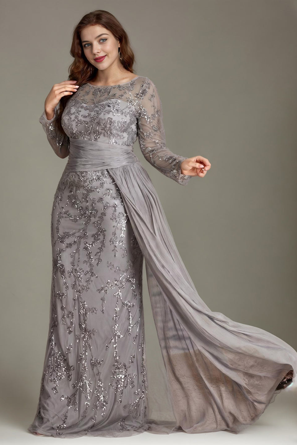 Curveins Plus Size Round Neck Embroidered Tie-Sash Bodycon Maxi Dress