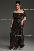 Curveins Plus Size Off-Shoulder Waist Cinched Striped Sequin Maxi Evening Dress