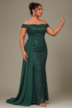 Curveins Plus Size Off Shoulder Sequin Waist Tie Elegant Evening Maxi Dress
