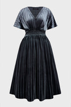 Curveins Plus Size V-Neck Batwing Sleeve Pleated A-Line Velvet Midi Dress