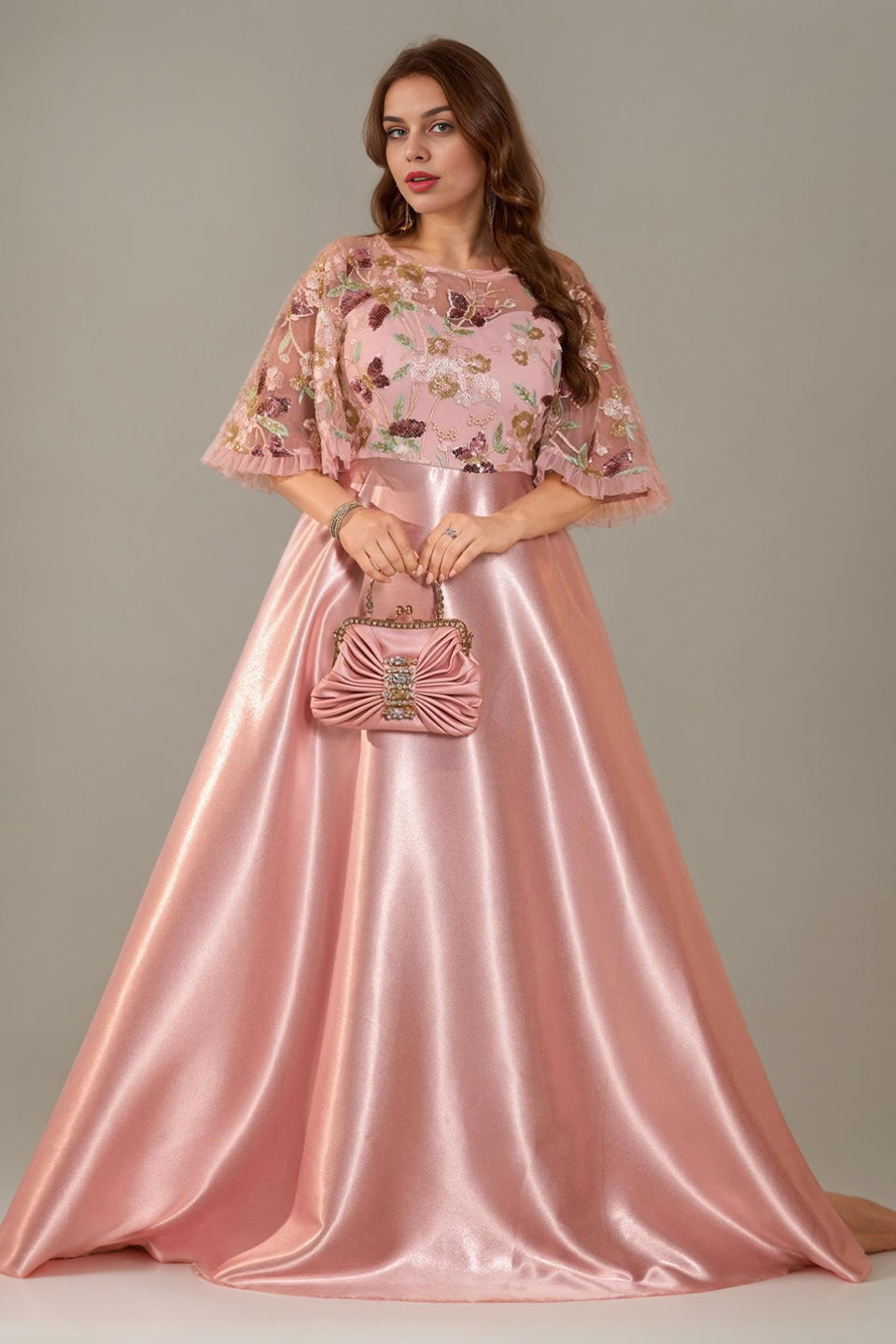 Curveins Plus Size Round Neck Batwing Sleeve Ruffle Patchwork Elegant Maxi Dress