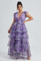 Curveins Plus Size V-Neck Sleeveless Floral Tiered Maxi Dress with Decorative Shoulder Detail
