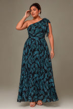 Curveins Plus Size One Shoulder Striped Cinched Waist Elegant Flowing Maxi Dress