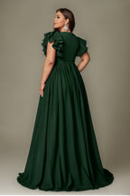 Curveins Plus Size V-Neck Ruffle Sleeve Split A-Line Maxi Dress