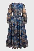 Curveins Plus Size V Neck Long Sleeve Floral Waist Maxi Dress