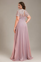 Curveins Plus Size Round Neck Short Sleeve Embroidered Waist Cinched Elegant Maxi Dress