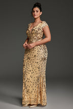 Curveins Plus Size V-neck and Waist Cinch Sequin Maxi Dress