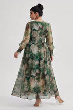 Curveins Plus Size V Neck Long Sleeve Floral Waist Maxi Dress