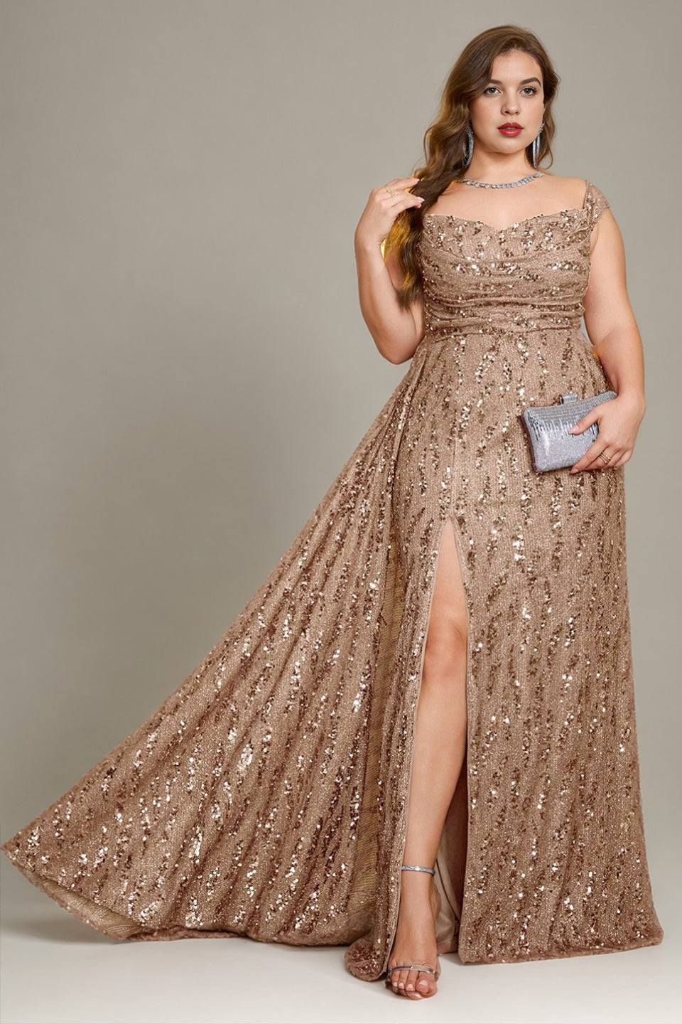 Curveins Plus Size V Neck Side Slit Spaghetti Strap Sequin Fitted Maxi Dress