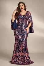 Curveins Plus Size Elegant V-Neck Sequin Bodycon Dress with Slit Sleeves