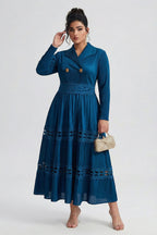 Curveins Plus Size Wrap Neck Long Sleeve Color Block Cinched Waist Maxi Dress