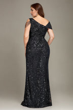 Curveins Plus Size One Shoulder Sleeveless Beaded Ribbon Elegant Maxi Dress