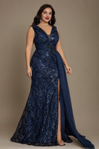 Curveins Plus Size V Neck Sleeveless Sequin Floral Side Tie Elegant Maxi Dress