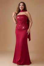 Curveins Plus Size Sequin Strapless Bodycon Maxi Dress with Scarf Detail