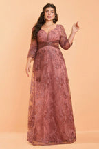 Curveins Plus Size Elegant V-Neck Floral Sequin Dress with Defined Waist
