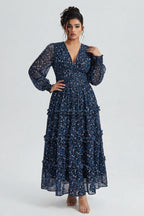 Curveins Plus Size V Neck Long Sleeve Floral Tiered Maxi Dress