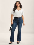 Textured Gathered Sleeve Split Neck Blouse
