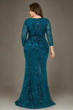 Curveins Plus Size V Neck Long Sleeve Sequin Floral Pattern Elegant Maxi Dress