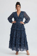 Curveins Plus Size V Neck Long Sleeve Floral Tiered Maxi Dress
