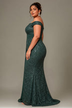 Curveins Plus Size Off Shoulder Sequin Waist Tie Elegant Evening Maxi Dress