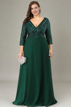 Curveins Plus Size Elegant Sequin Mid-Sleeve V-Neck Chiffon Flowy Maxi Dress