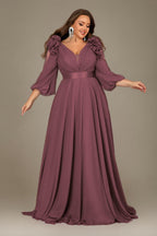 Curveins Plus Size Elegant V-Neck Batwing Sleeve Waist-Hugging Long Dress