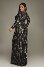 Curveins Plus Size Round Neck Long Sleeve Sexy Sequin Maxi Party Dress