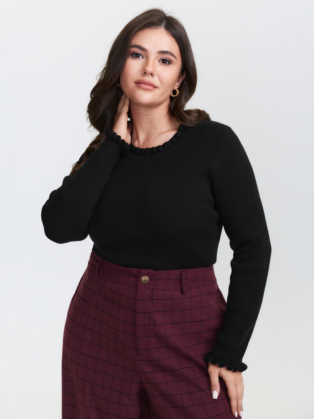 Supersoft Ruffled Neck Fitted Solid Pullover