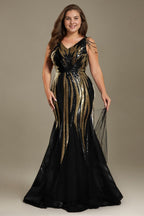 Curveins Plus Size V Neck Sleeveless Striped Sequin Elegant Maxi Dress