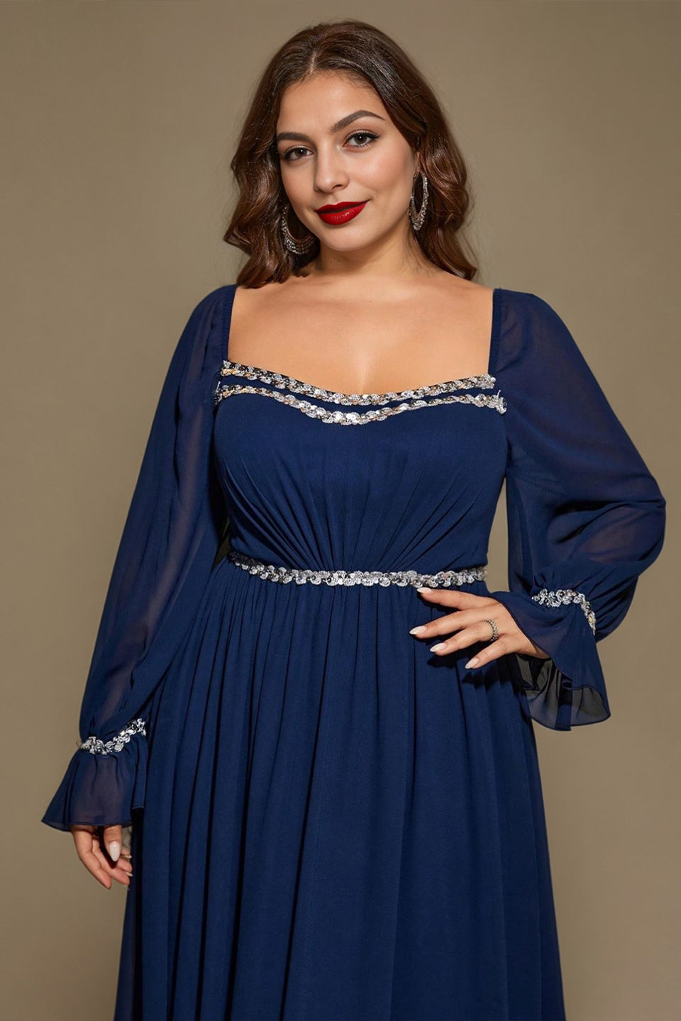 Curveins Plus Size Square Neck Long Sleeve Maxi Dress with Ruched Waist