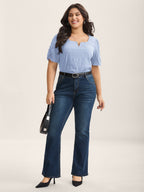 Textured Gathered Sleeve Split Neck Blouse