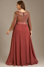 Curveins Plus Size V-Neck Long Sleeve Glitter Patchwork Waist-Fitted Maxi Dress