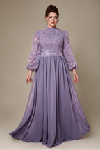 Curveins Plus Size High Neck Lantern Sleeve Embroidered Panel Maxi Dress