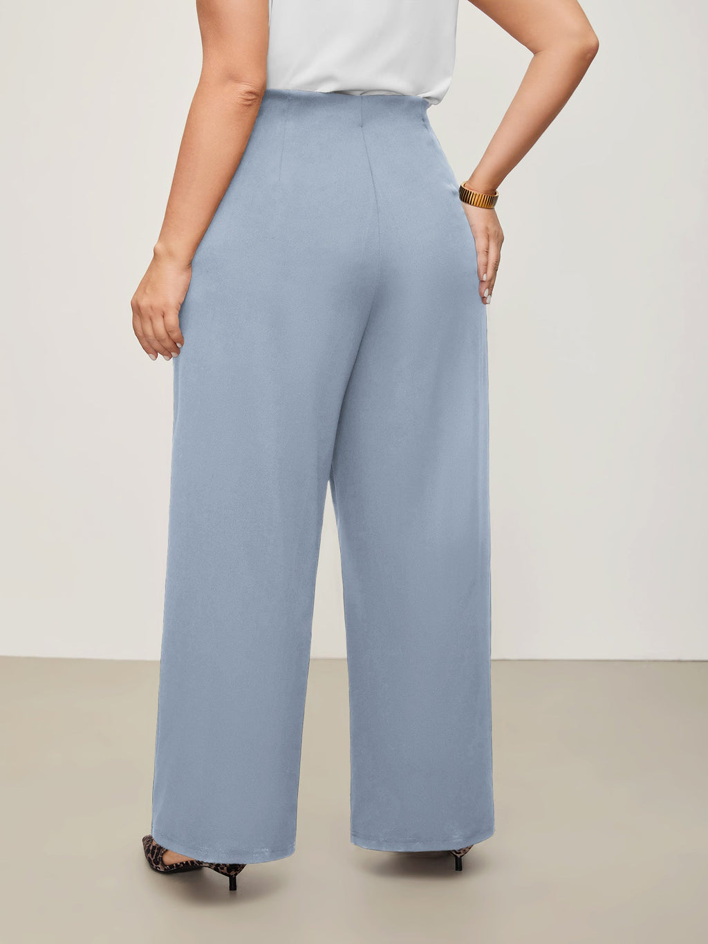 Solid Elastic Waist Pleated Wide Leg Pants