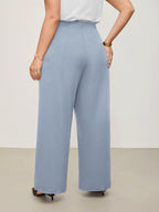 Solid Elastic Waist Pleated Wide Leg Pants