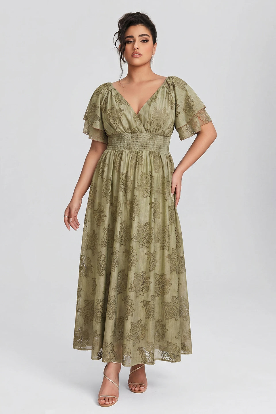 Curveins Plus Size V Neck Batwing Sleeve Plaid Pattern Flowy Maxi Dress
