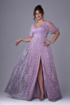 Curveins Plus Size Floral Embroidery V-Neck Puff Sleeve Side-Slit Maxi Dress