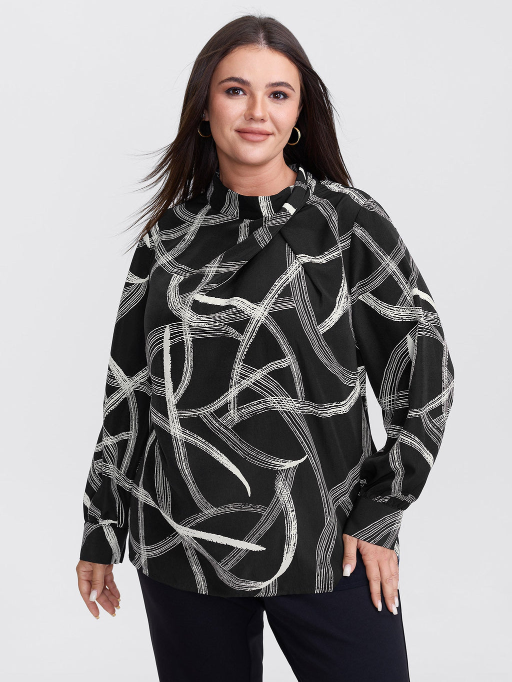 Abstract Print Drape Neckline Blouse