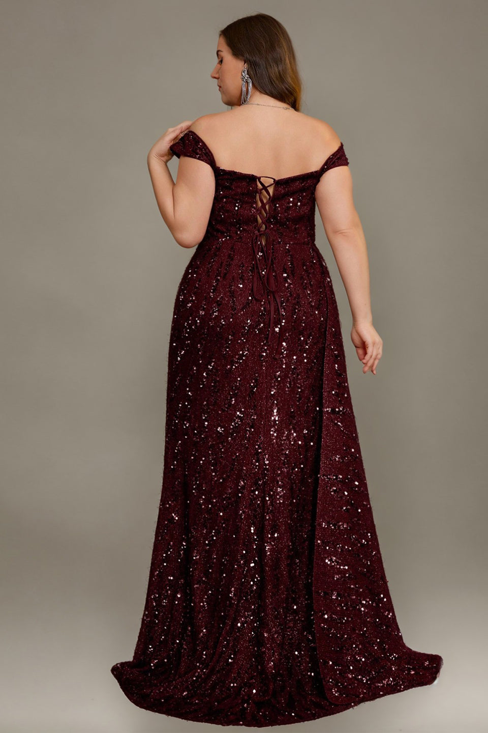 Curveins Plus Size V Neck Side Slit Spaghetti Strap Sequin Fitted Maxi Dress