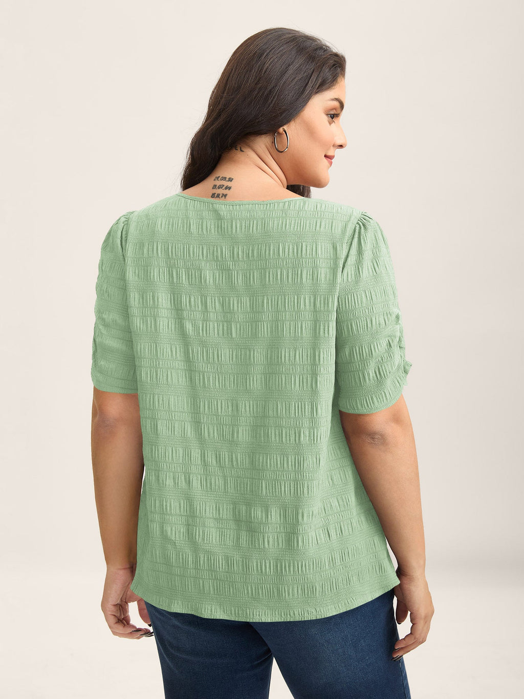 Textured Gathered Sleeve Split Neck Blouse