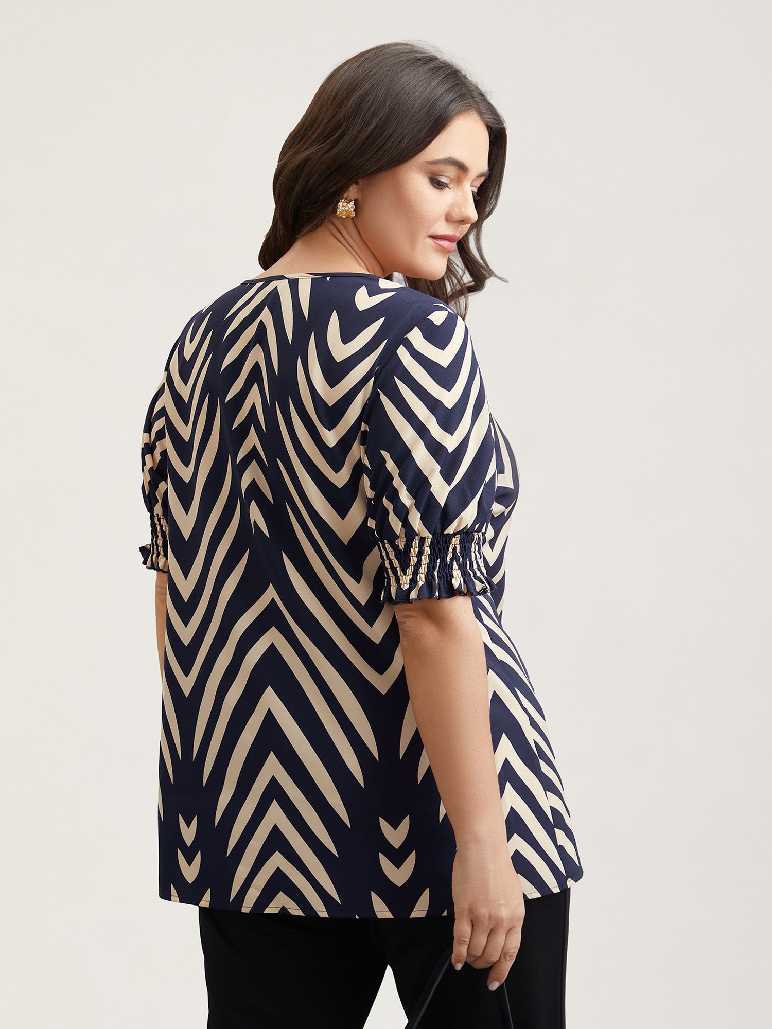 Geometric Print Ruffled Shirred Blouse