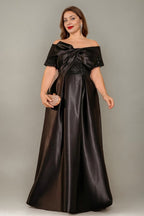 Curveins Plus Size Off Shoulder Bow Tie Front Waist Defining Long Dress Chic Maxi Dress
