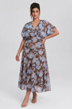 Curveins Plus Size V Neck Puff Sleeve Waist Defining Floral Print Elegant Maxi Dress