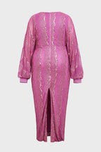 Curveins Plus Size V-Neck Sequin Balloon Sleeve Back-Slit Elegant Evening Maxi Dress