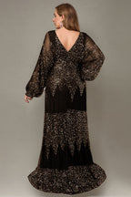 Curveins Chic Plus Size V-Neck Split Hem Sequin Lantern Sleeve Dress