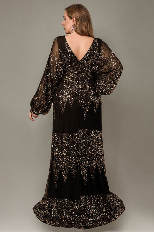 Curveins Chic Plus Size V-Neck Split Hem Sequin Lantern Sleeve Dress