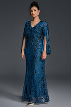 Curveins Plus Size V-Neck Long Sleeves Sequin Floral Bodycon Maxi Dress