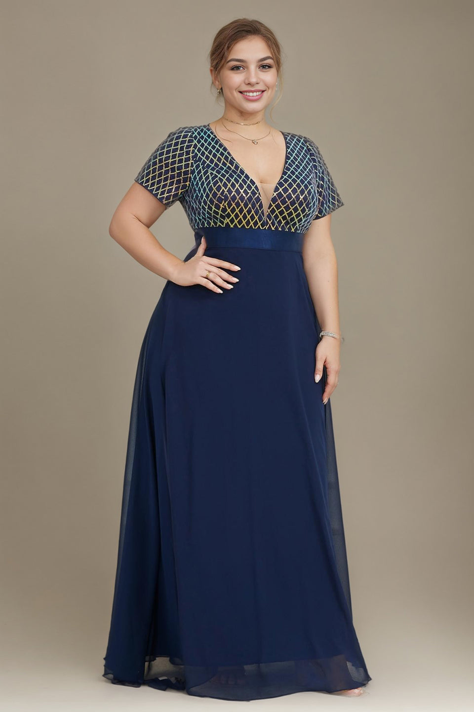 Curveins Plus Size Sequin V-Neck Short Sleeve Maxi Evening Gown