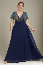 Curveins Plus Size Sequin V-Neck Short Sleeve Maxi Evening Gown