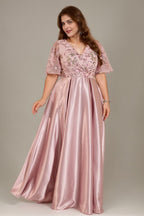 Curveins Plus Size V Neck Sequin Floral Patchwork Elegant Flowy Maxi Dress